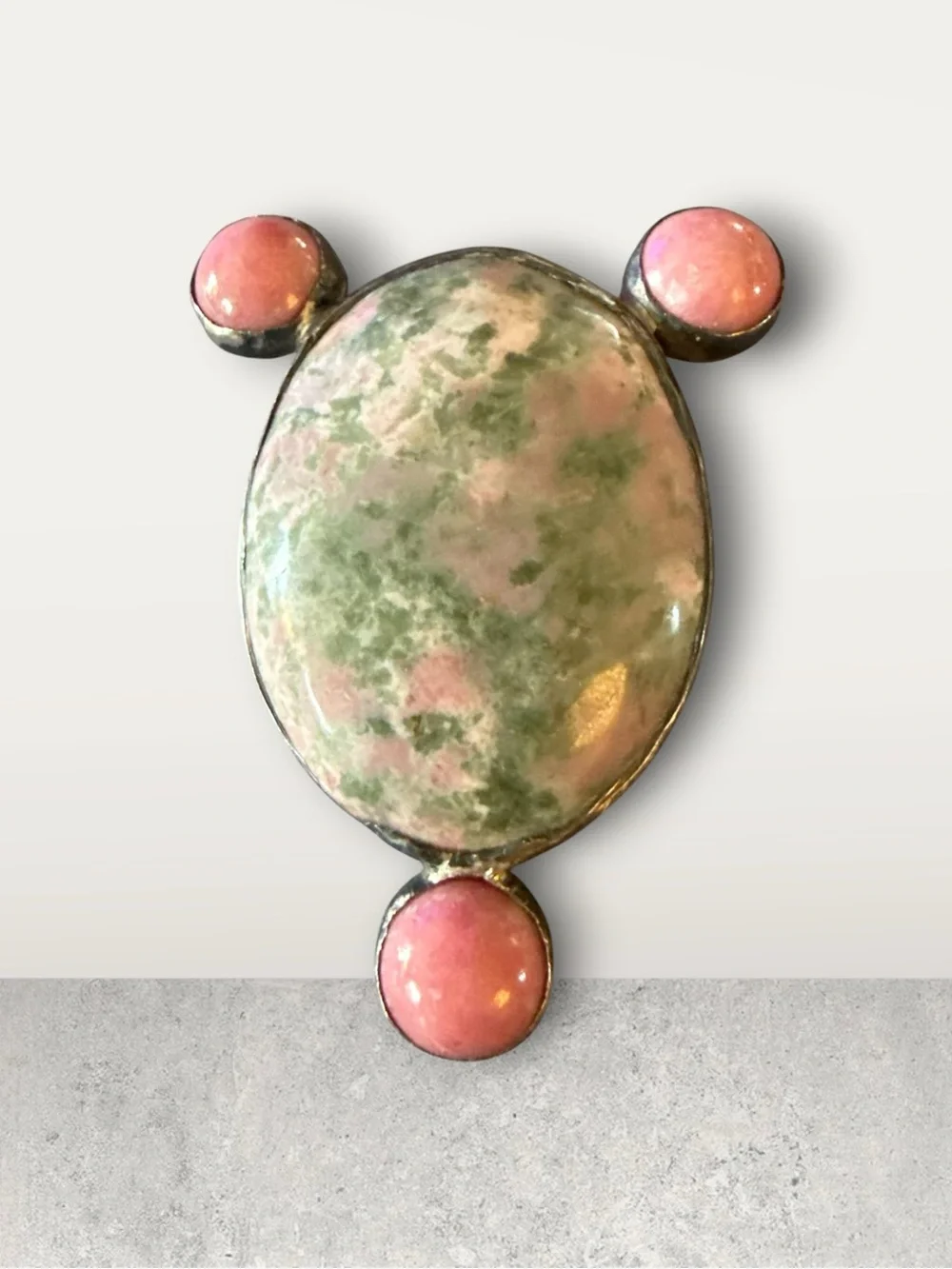 Vintage Sterling Silver Style Unakite & Pink Cabochon Statement Pendant